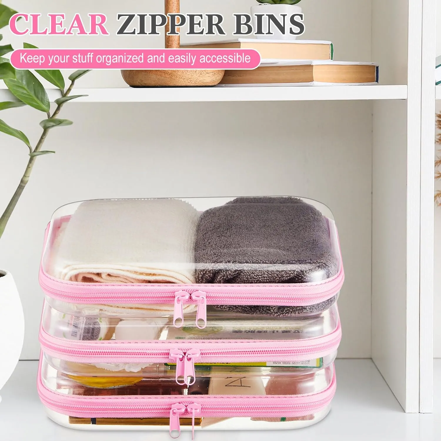 Hoolerry 3 Pcs Clear Hard Zipper Case Plastic Pouch Transparent Hard Case Clear Makeup Bag Portable Travel Organizer Bin for Cosmetics, Building Blocks, Puzzles(Pink,M)