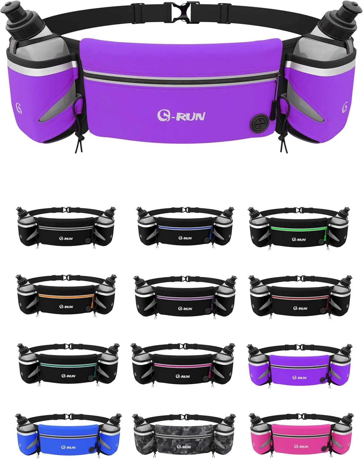 Hydration Running Belt with 2x10oz Bottles - Water Belts for Woman and Men - iPhone Belt for Any Phone Size - Fuel Marathon Waist Pouch for Runners - Jogging Cycling Biking