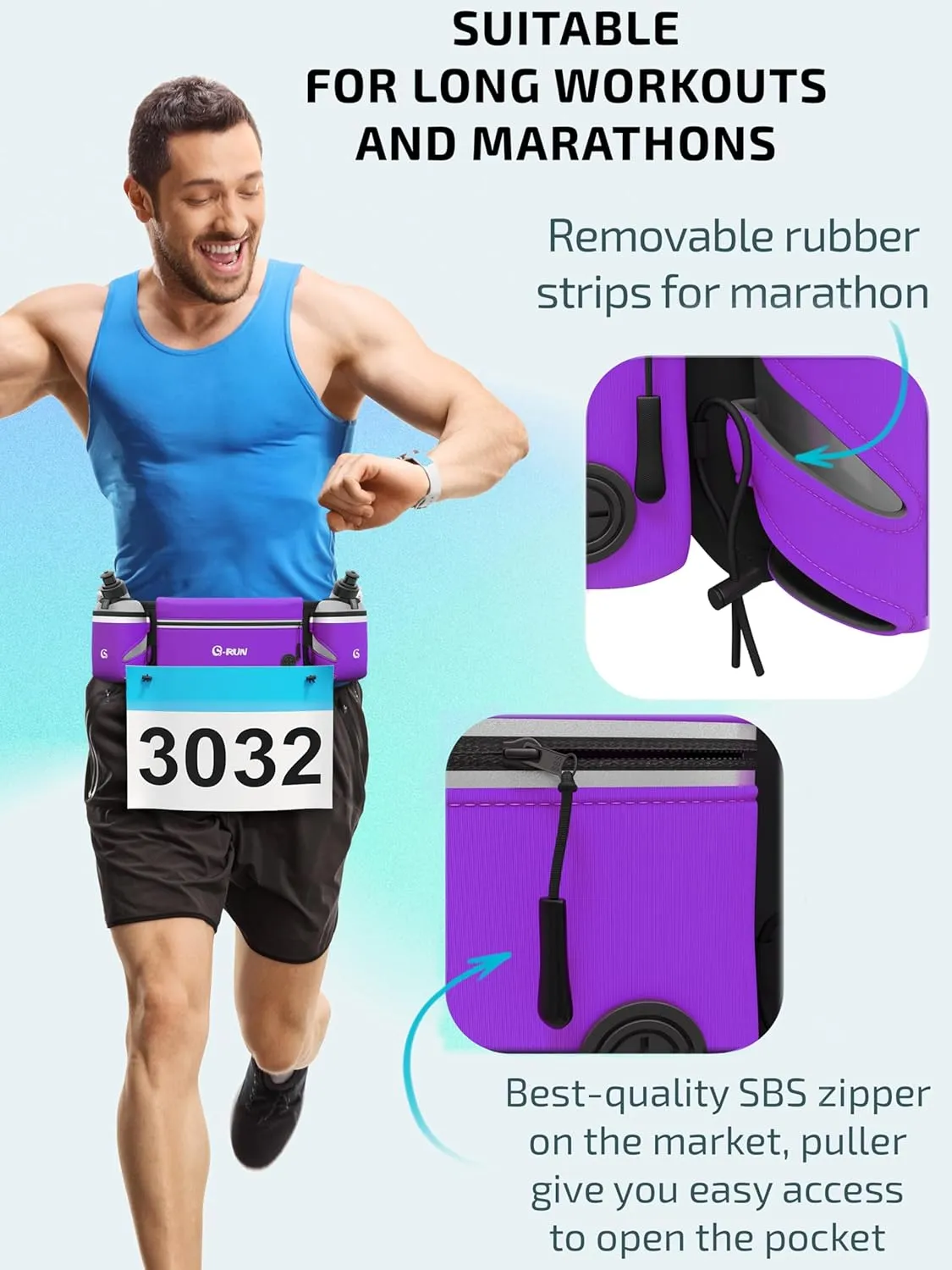 Hydration Running Belt with 2x10oz Bottles - Water Belts for Woman and Men - iPhone Belt for Any Phone Size - Fuel Marathon Waist Pouch for Runners - Jogging Cycling Biking