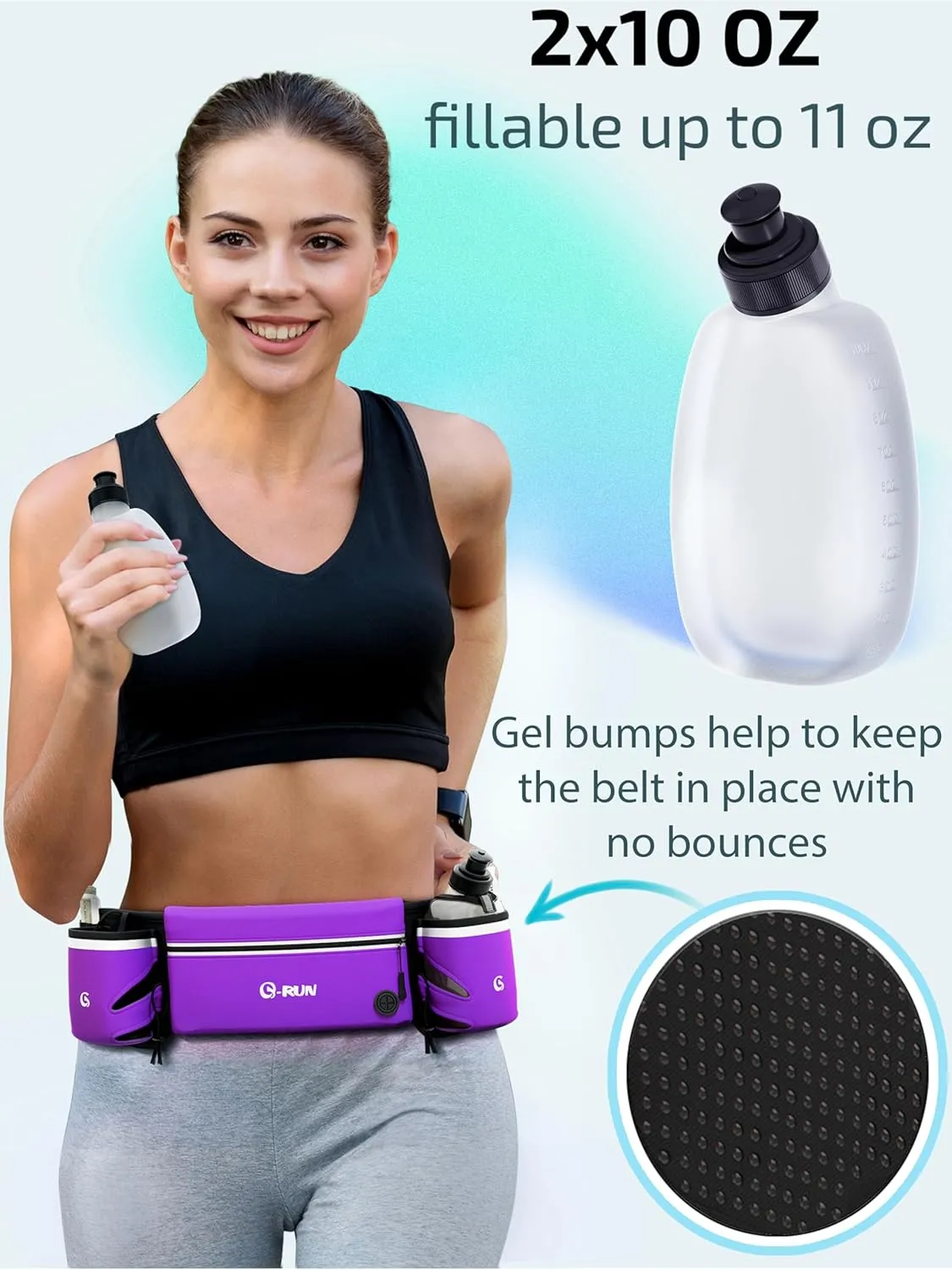 Hydration Running Belt with 2x10oz Bottles - Water Belts for Woman and Men - iPhone Belt for Any Phone Size - Fuel Marathon Waist Pouch for Runners - Jogging Cycling Biking