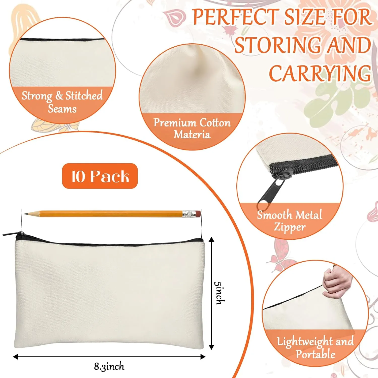 Legigo Blank DIY Craft Canvas Pencil Case - Makeup Pouch, Multi-Purpose Travel Toiletry Zipper Bag, Bulk Cosmetic Bags 8.3 5 Inch