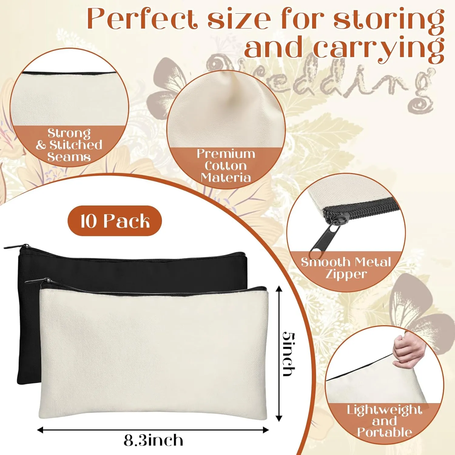 Legigo Blank DIY Craft Canvas Pencil Case - Makeup Pouch, Multi-Purpose Travel Toiletry Zipper Bag, Bulk Cosmetic Bags 8.3 5 Inch