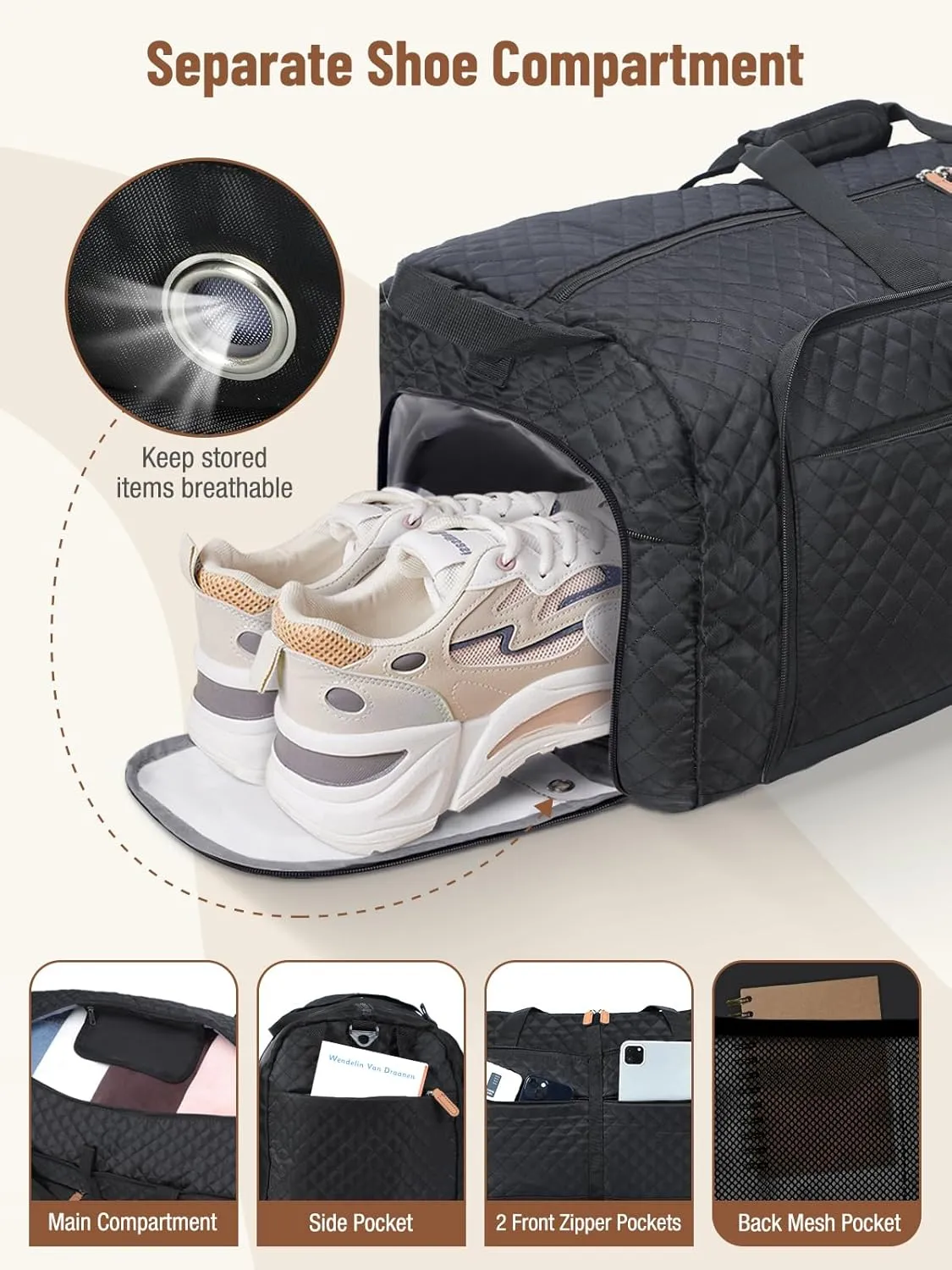 Lekesky Foldable Travel Duffel Bag for Women, 80L Large Duffle Bag with Separate Shoes Compartments & Straps, Carry On Weekend Bag for Women, Hospital, Overnight(Black Quilted)