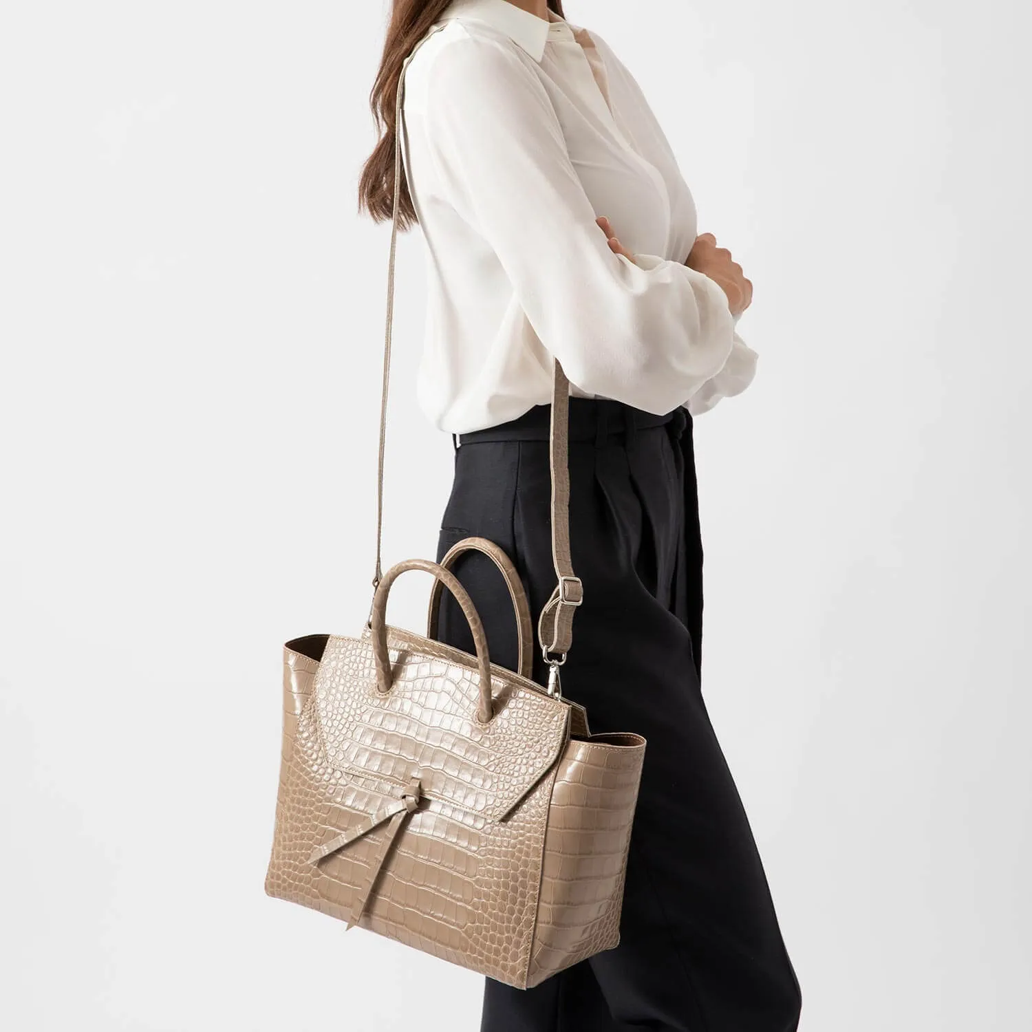 Loren Large Leather Tote Bag - Fango Croc Print