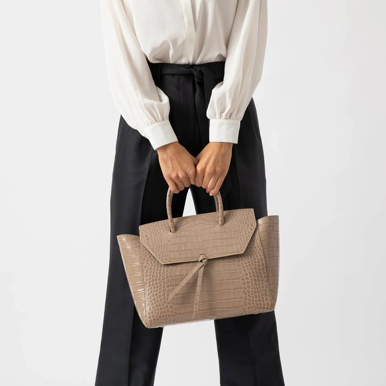 Loren Large Leather Tote Bag - Fango Croc Print