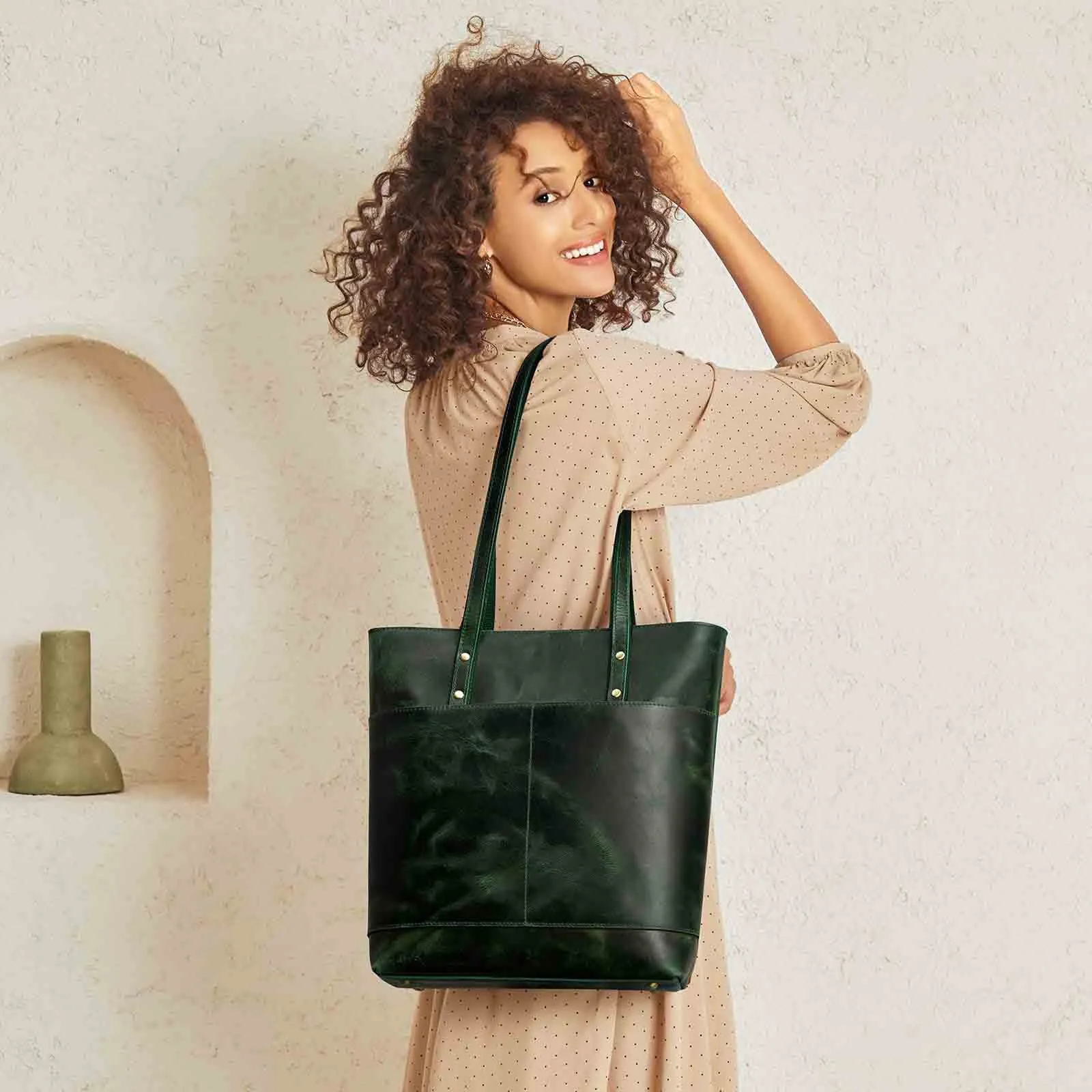Medium Leather Tote With Big Front Pocket