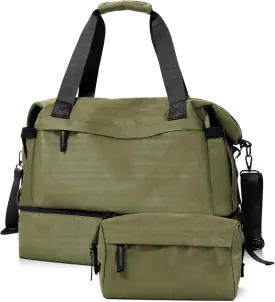 Military Green Gym Bag for Women - Weekender Duffel with Shoes Compartment, Wet Pocket & USB Charging Port, Carry On for Travel, Gym & Weekend
