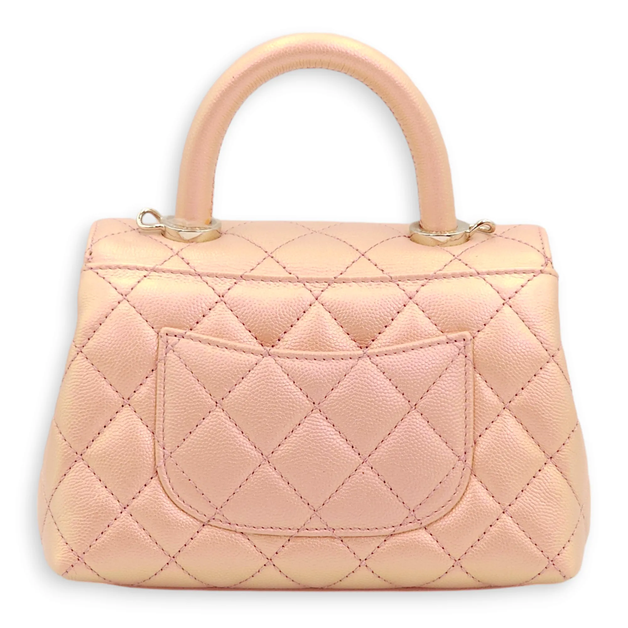 Quilted CoCo Mini Pink Iridescent Top Handle Bag in Caviar Leather, 3-Tone hardware