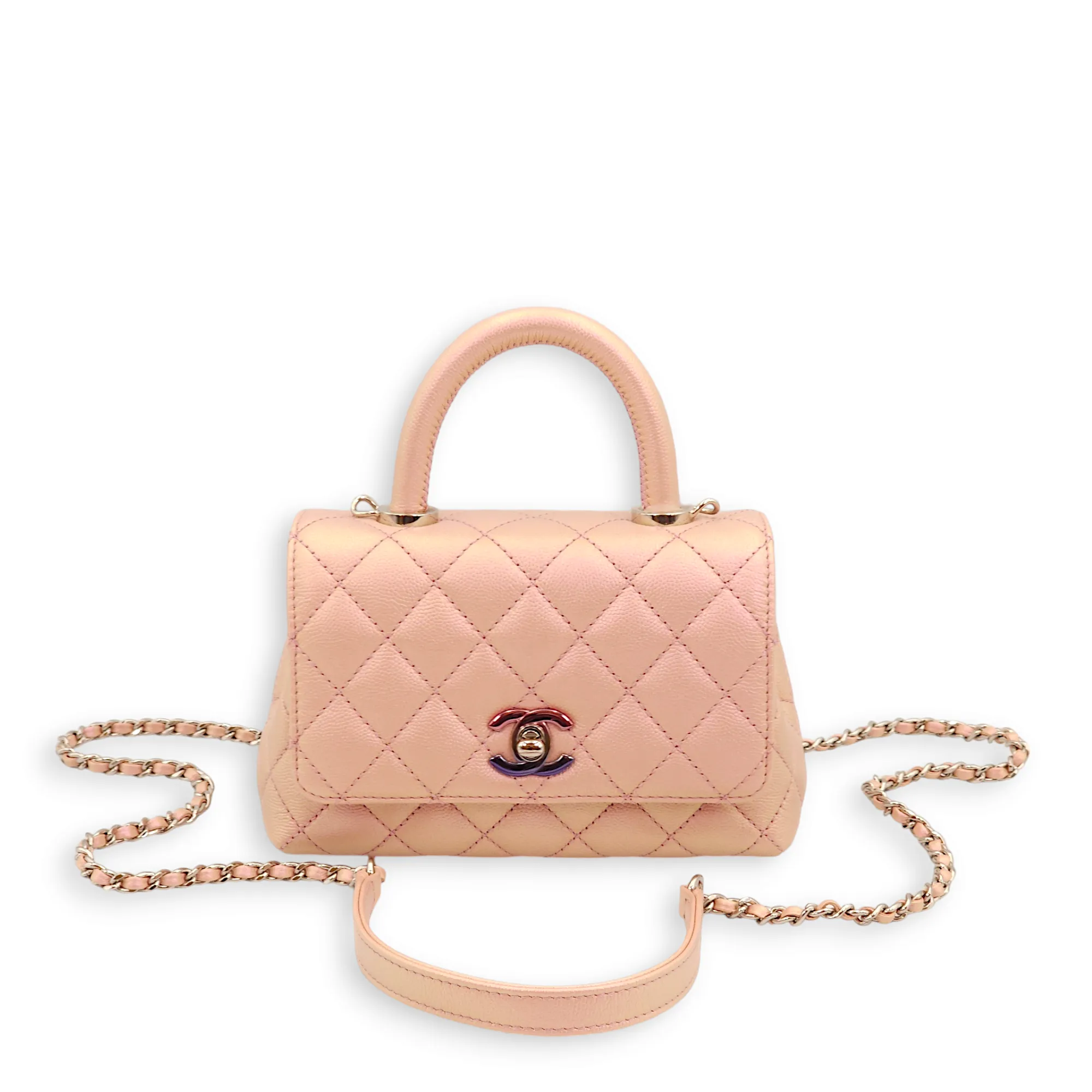 Quilted CoCo Mini Pink Iridescent Top Handle Bag in Caviar Leather, 3-Tone hardware