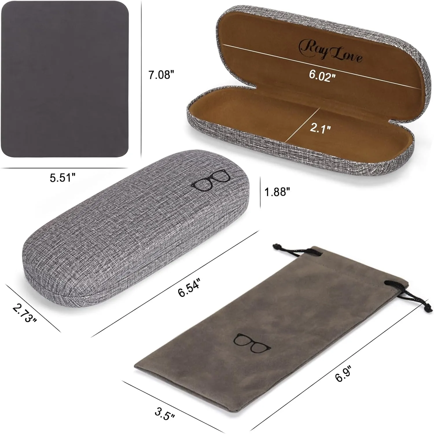 RayLove Hard Shell Glasses Case, PU leather Eyeglass Case Comes with a Pouch & Cleaning Cloth