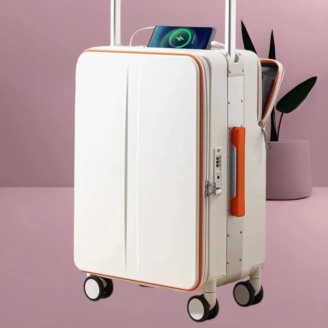 Rigid travel luggage with usb charging and phone holder