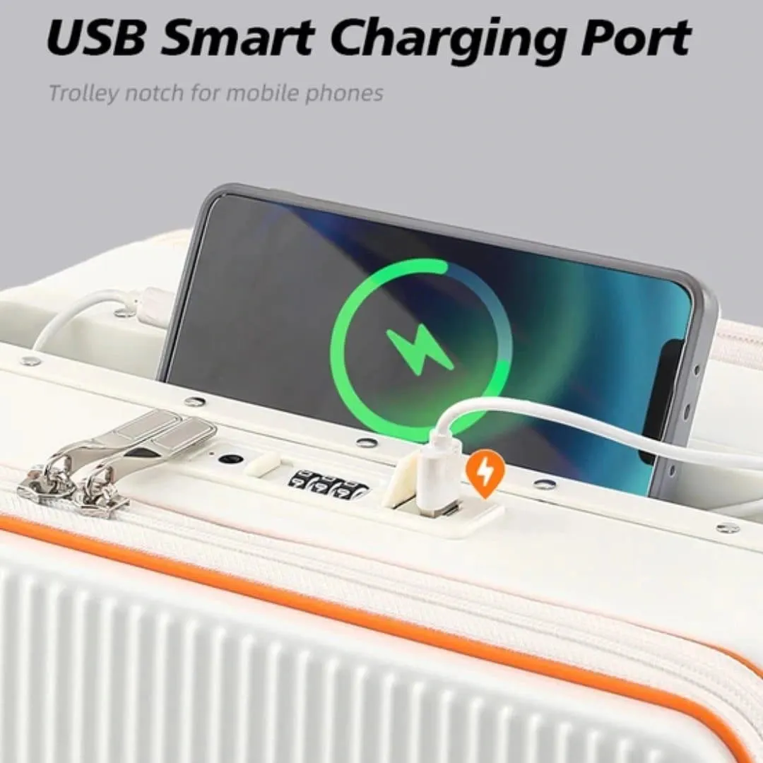 Rigid travel luggage with usb charging and phone holder