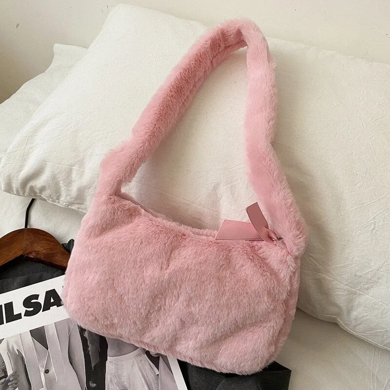 Simple Design Women Soft Plush Hobos Shoulder Bags Winter Furry Ladies Clutch Purse Handbag Fashion Female Underarm Bag