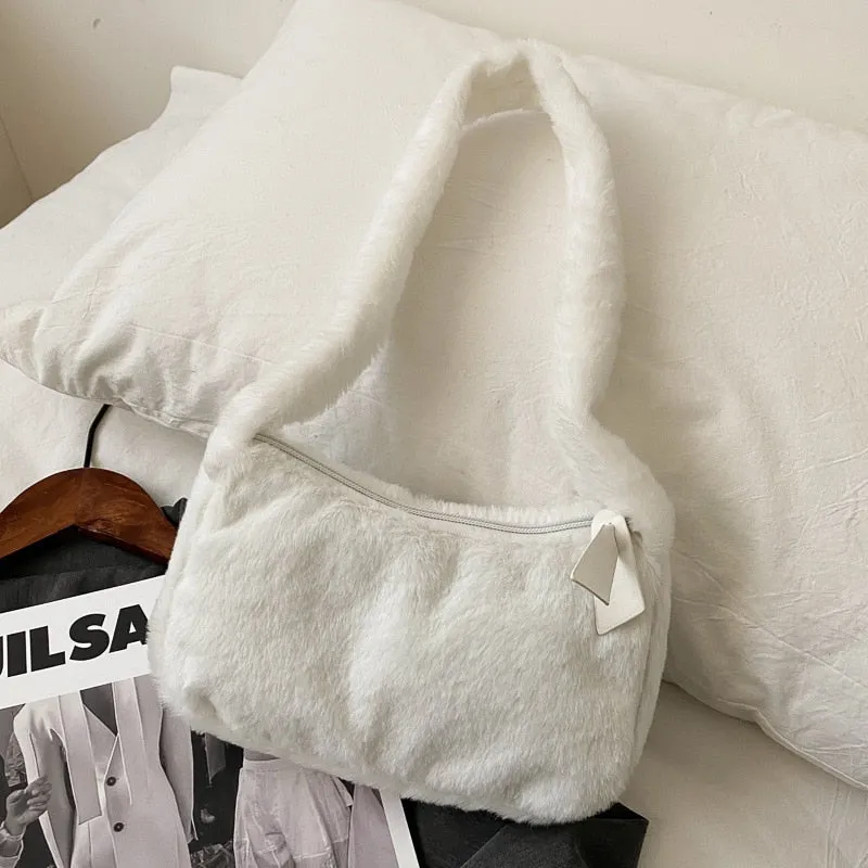 Simple Design Women Soft Plush Hobos Shoulder Bags Winter Furry Ladies Clutch Purse Handbag Fashion Female Underarm Bag