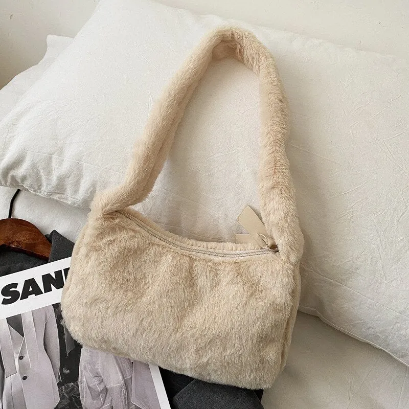 Simple Design Women Soft Plush Hobos Shoulder Bags Winter Furry Ladies Clutch Purse Handbag Fashion Female Underarm Bag