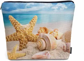 Starfish Seashell Makeup Bag - Turquoise Ocean Cosmetic Bag with Zipper for Beach, Gym, Bathroom
