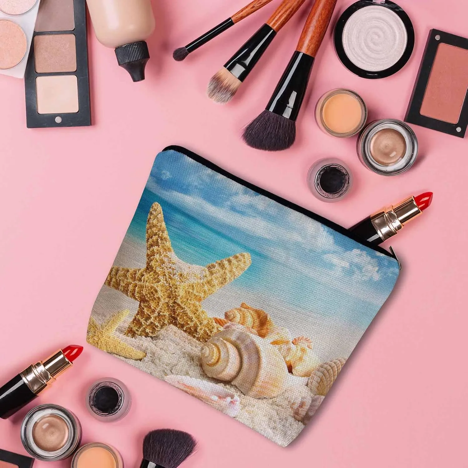 Starfish Seashell Makeup Bag - Turquoise Ocean Cosmetic Bag with Zipper for Beach, Gym, Bathroom