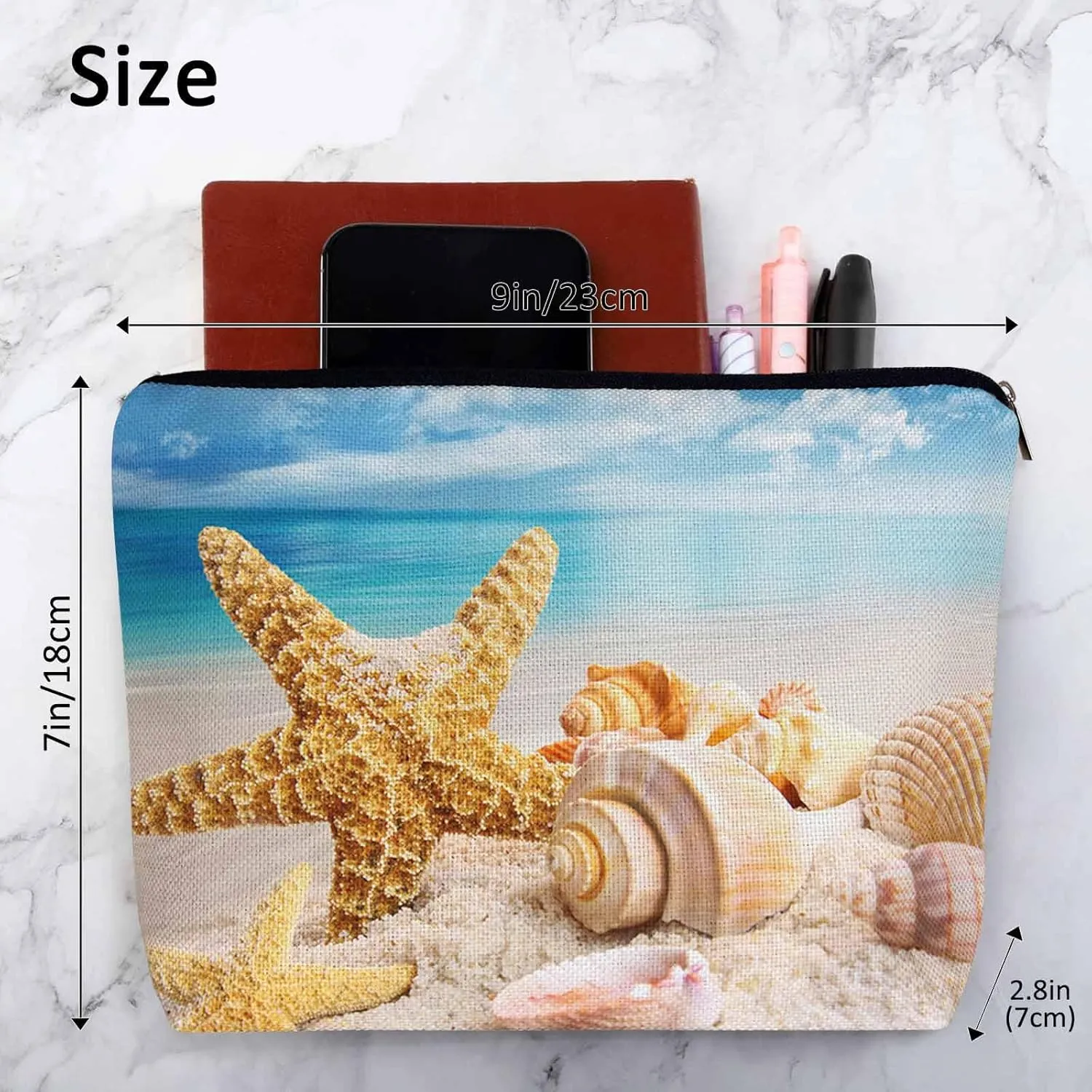 Starfish Seashell Makeup Bag - Turquoise Ocean Cosmetic Bag with Zipper for Beach, Gym, Bathroom
