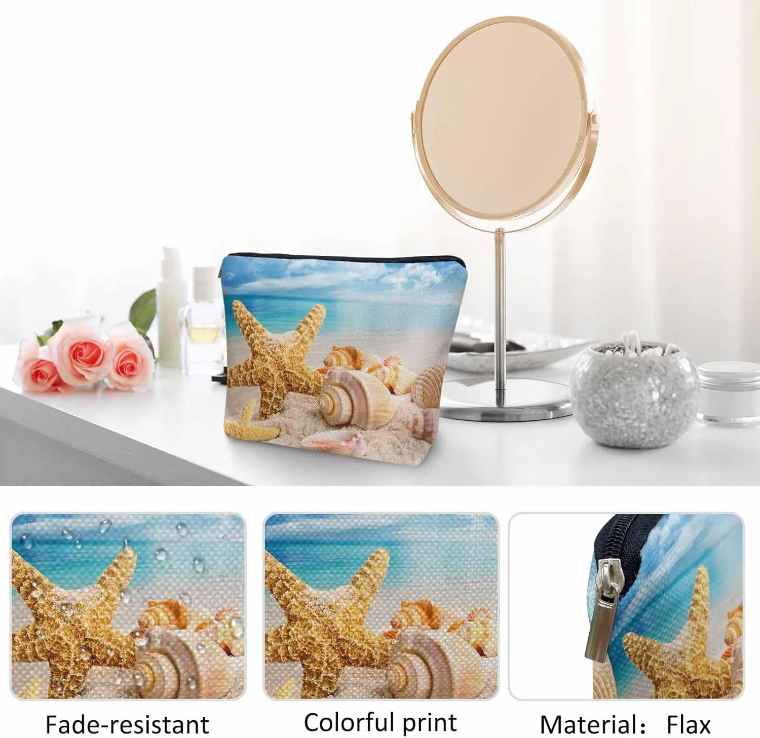 Starfish Seashell Makeup Bag - Turquoise Ocean Cosmetic Bag with Zipper for Beach, Gym, Bathroom