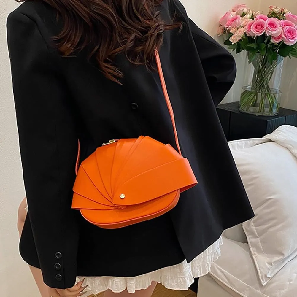 Stylish Fan Shaped Pleated Half Moon Handbag for Women, PU Leather Cute Funny Top-handle Hobo Crescent Crossbody Bag Clutch