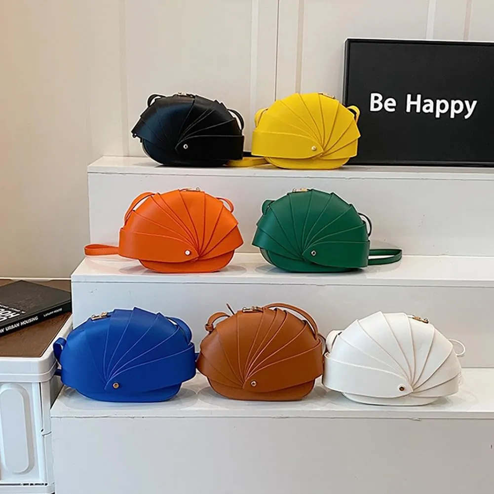 Stylish Fan Shaped Pleated Half Moon Handbag for Women, PU Leather Cute Funny Top-handle Hobo Crescent Crossbody Bag Clutch