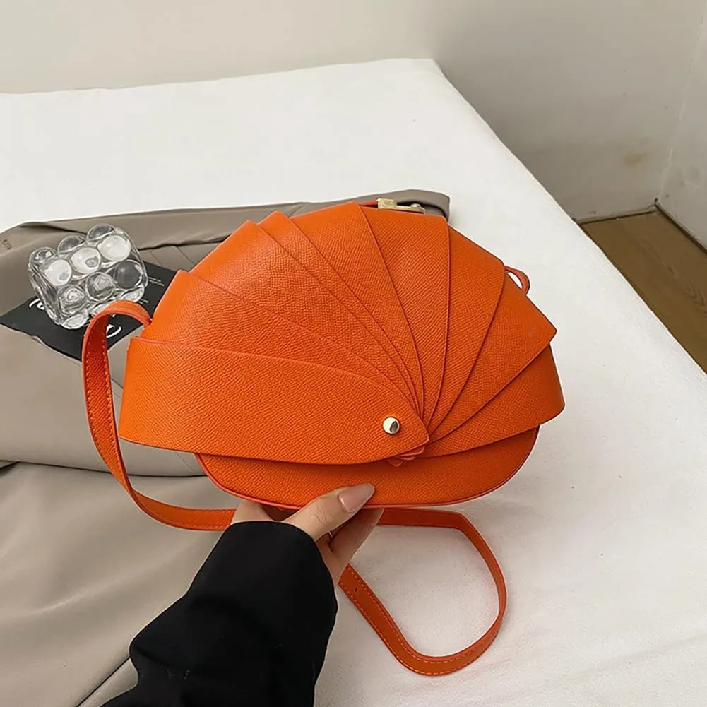Stylish Fan Shaped Pleated Half Moon Handbag for Women, PU Leather Cute Funny Top-handle Hobo Crescent Crossbody Bag Clutch