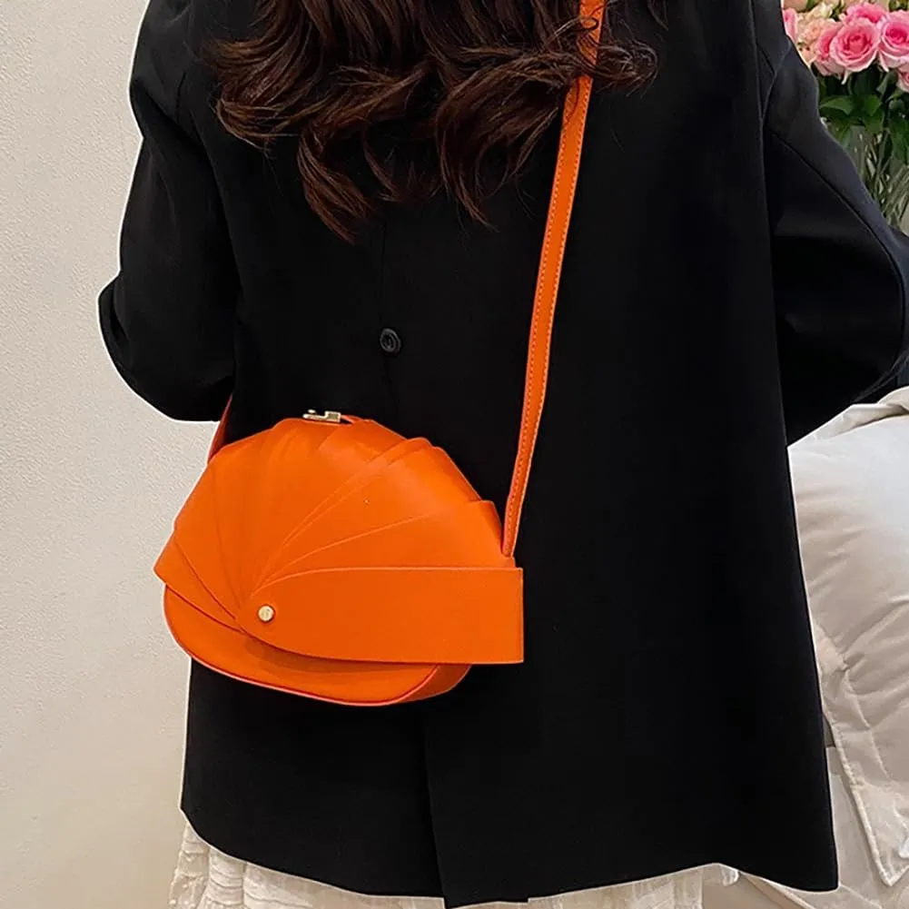 Stylish Fan Shaped Pleated Half Moon Handbag for Women, PU Leather Cute Funny Top-handle Hobo Crescent Crossbody Bag Clutch