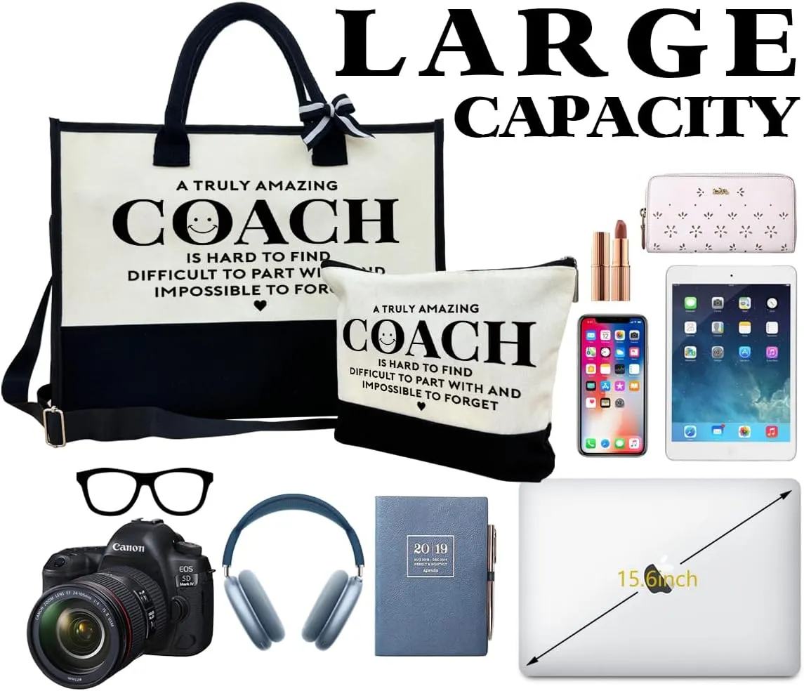 SUSZDOU Amazing Coach Tote Bag, Canvas Tote Bag for Women with Zipper Closure, Shoulder Beach Bag, Thank You Gift for Female Coach, Female Trainers Gifts for Women, Makeup Bag