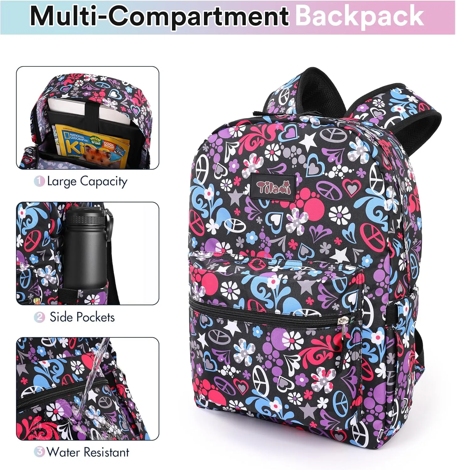 Tilami 20L Basic Backpack for Men and Women,17 inch Laptop Backpack for Travel,Heart Black