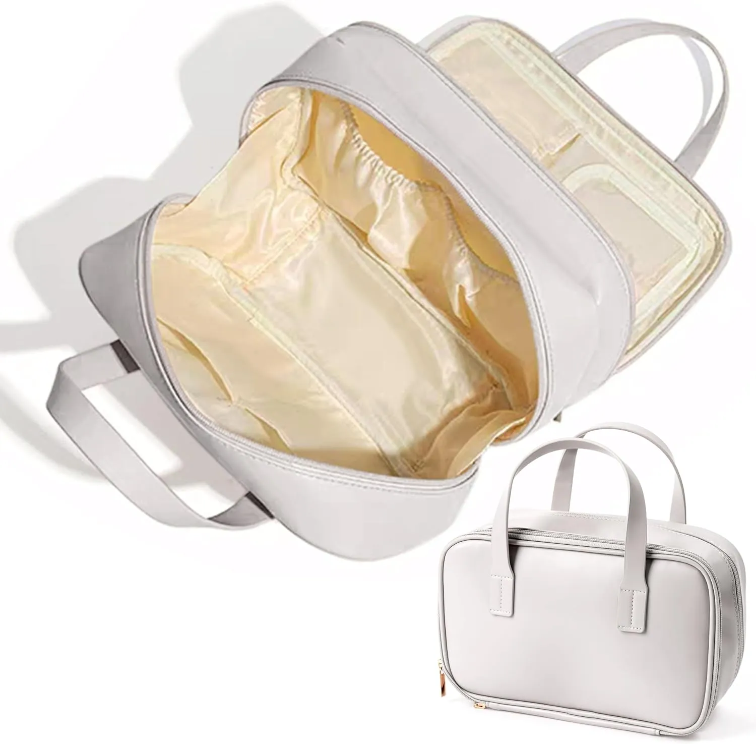 Travel Makeup Bag for Women - Beauty Cosmetic Bag with Brush Storage, Large Capacity Portable Waterproof PU Leather Zipper Toiletry Pouch with Divider and Handle for Girl Birthday Gift (White)
