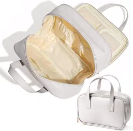 Travel Makeup Bag for Women - Beauty Cosmetic Bag with Brush Storage, Large Capacity Portable Waterproof PU Leather Zipper Toiletry Pouch with Divider and Handle for Girl Birthday Gift (White)