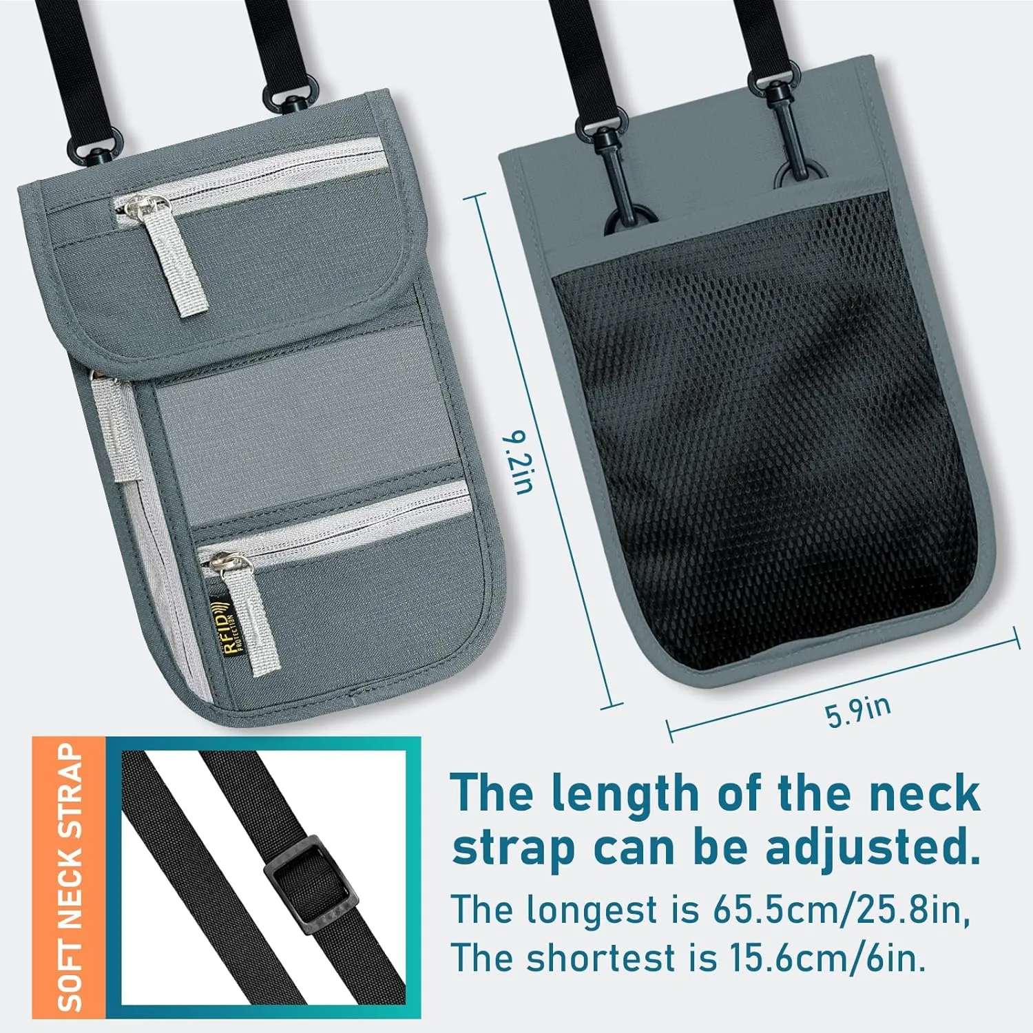 Travel Neck Wallet, RFID Blocking Passport Holder with Adjustable Neck Strap for Men and Women to Keep Cash, Credit Cards and Travel Documents Safe - A
