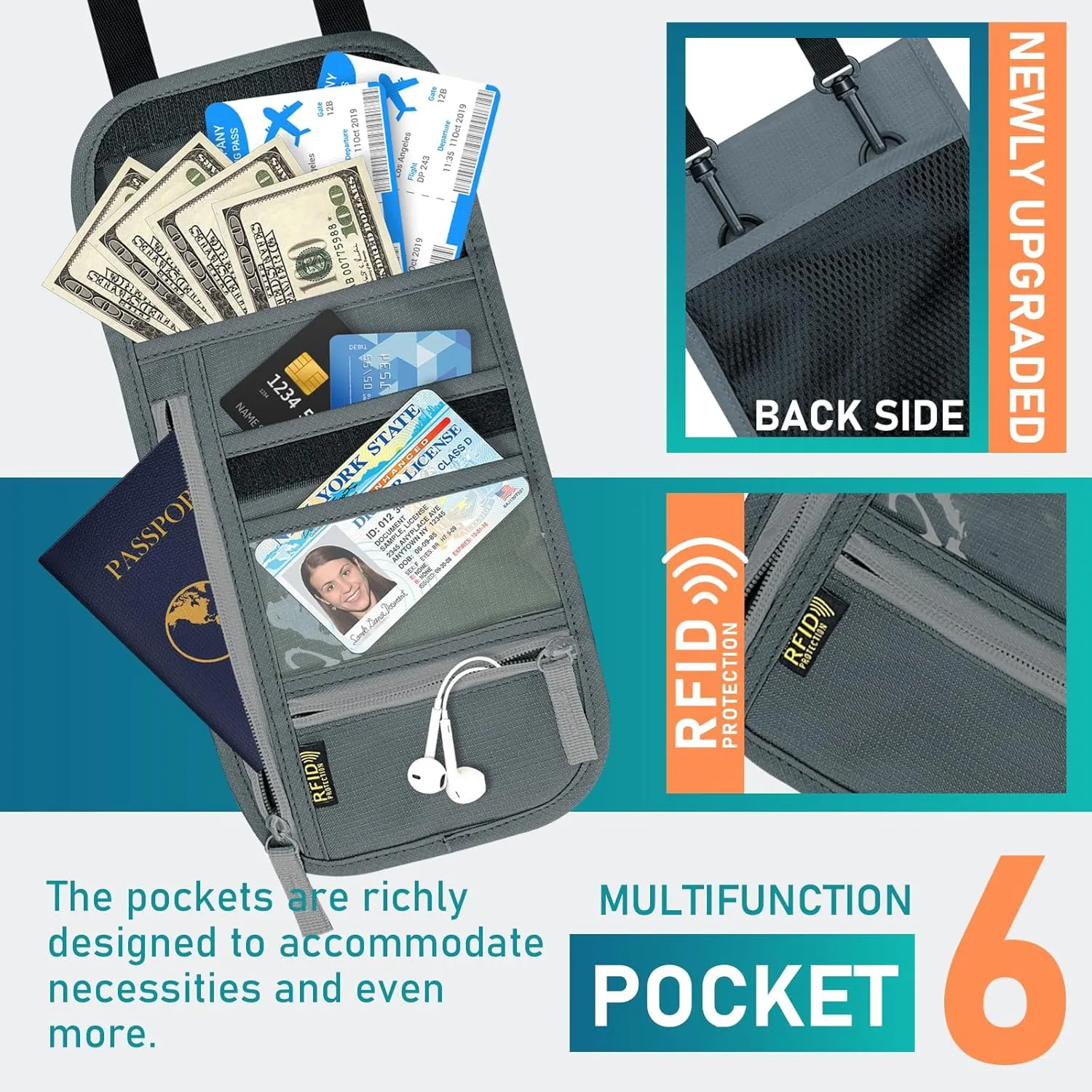 Travel Neck Wallet, RFID Blocking Passport Holder with Adjustable Neck Strap for Men and Women to Keep Cash, Credit Cards and Travel Documents Safe - A