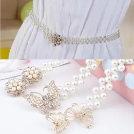 Women Chain Dress Belt Elegant Ladies Waistband Pearl Beads Elastic Belt Waist White Belt Stretchy