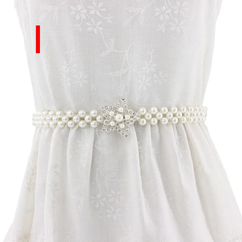 Women Chain Dress Belt Elegant Ladies Waistband Pearl Beads Elastic Belt Waist White Belt Stretchy
