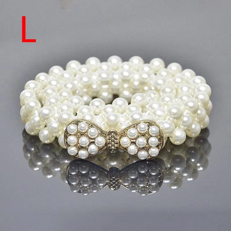 Women Chain Dress Belt Elegant Ladies Waistband Pearl Beads Elastic Belt Waist White Belt Stretchy