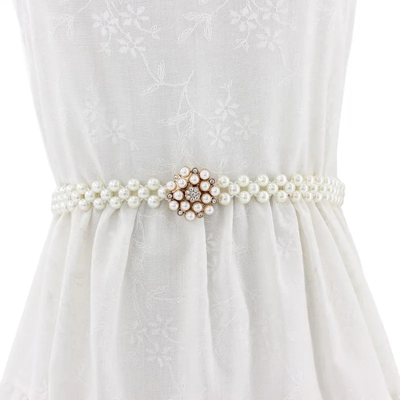 Women Chain Dress Belt Elegant Ladies Waistband Pearl Beads Elastic Belt Waist White Belt Stretchy