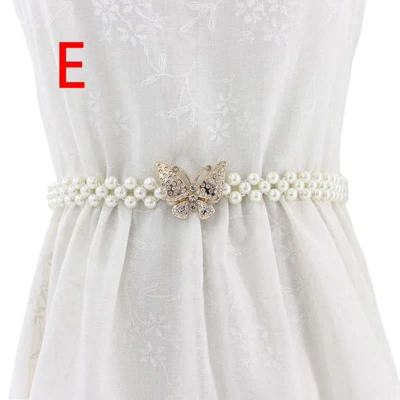 Women Chain Dress Belt Elegant Ladies Waistband Pearl Beads Elastic Belt Waist White Belt Stretchy
