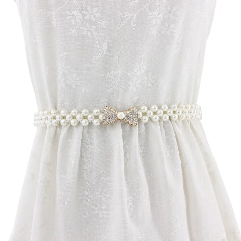 Women Chain Dress Belt Elegant Ladies Waistband Pearl Beads Elastic Belt Waist White Belt Stretchy