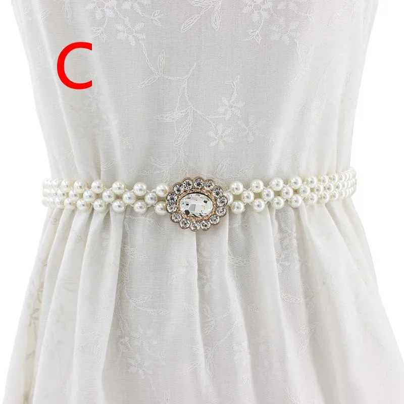 Women Chain Dress Belt Elegant Ladies Waistband Pearl Beads Elastic Belt Waist White Belt Stretchy