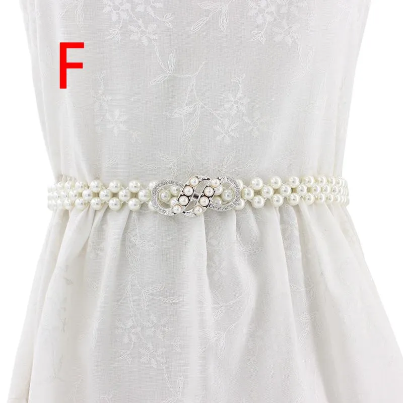 Women Chain Dress Belt Elegant Ladies Waistband Pearl Beads Elastic Belt Waist White Belt Stretchy