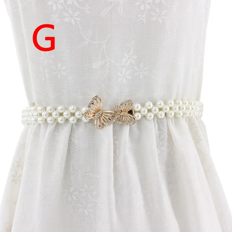 Women Chain Dress Belt Elegant Ladies Waistband Pearl Beads Elastic Belt Waist White Belt Stretchy