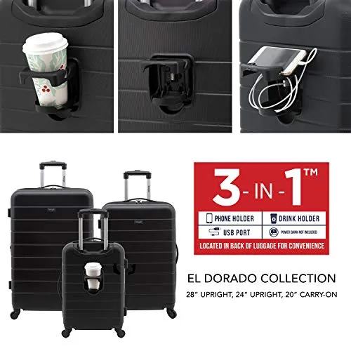 Wrangler Smart Luggage Set with Cup Holder and USB Port, Black