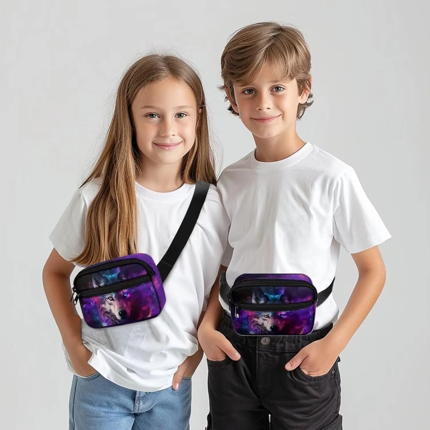 Xpyiqun Galaxy Wolf Small Crossbody Bag for Kids Zipper Pocket Fanny Pack Girls Phone Holder Wallet Cross Body Purse Belt Bag Boys Sport Waist Bags fpr Travel Running Sling Shooulder Bags