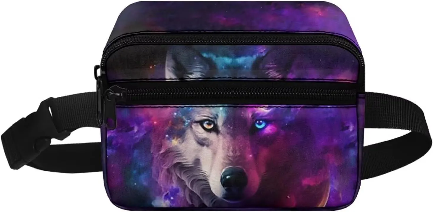 Xpyiqun Galaxy Wolf Small Crossbody Bag for Kids Zipper Pocket Fanny Pack Girls Phone Holder Wallet Cross Body Purse Belt Bag Boys Sport Waist Bags fpr Travel Running Sling Shooulder Bags