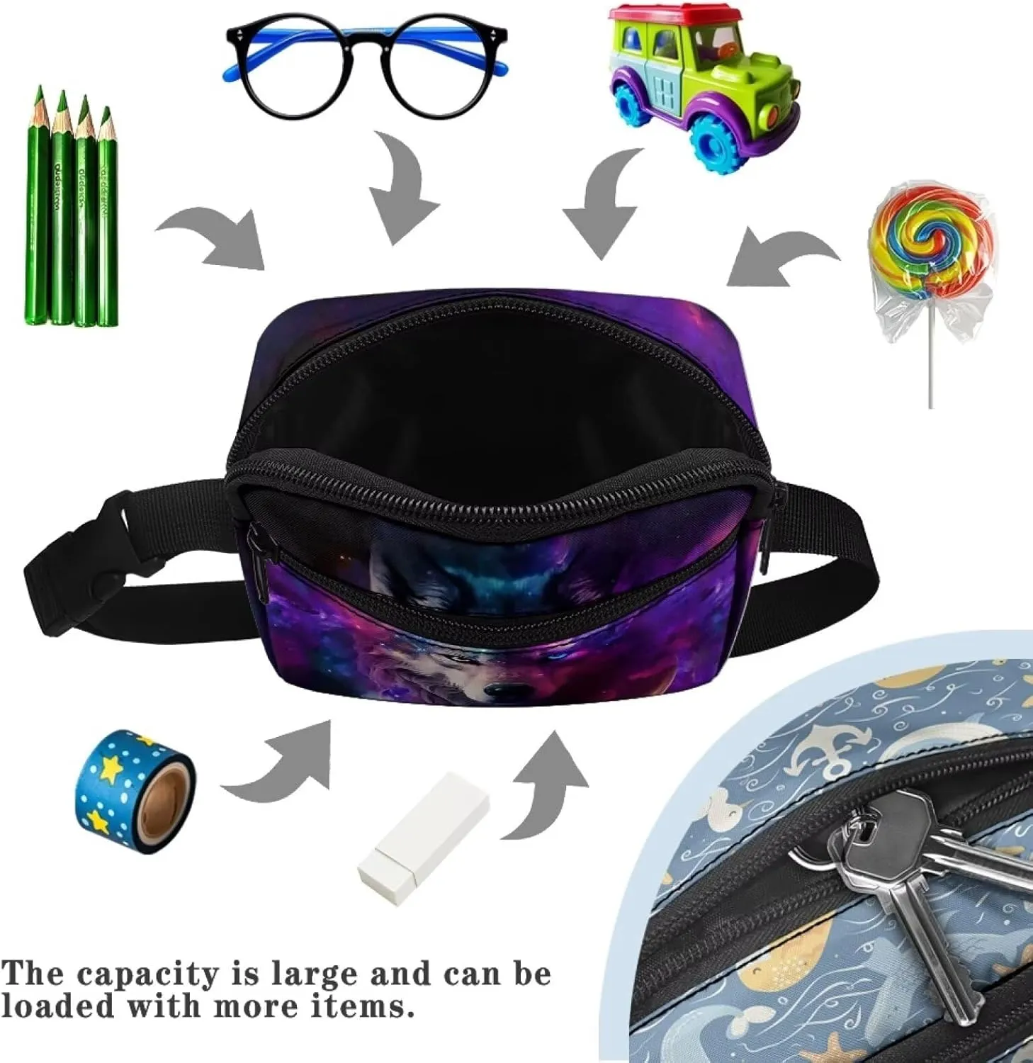 Xpyiqun Galaxy Wolf Small Crossbody Bag for Kids Zipper Pocket Fanny Pack Girls Phone Holder Wallet Cross Body Purse Belt Bag Boys Sport Waist Bags fpr Travel Running Sling Shooulder Bags