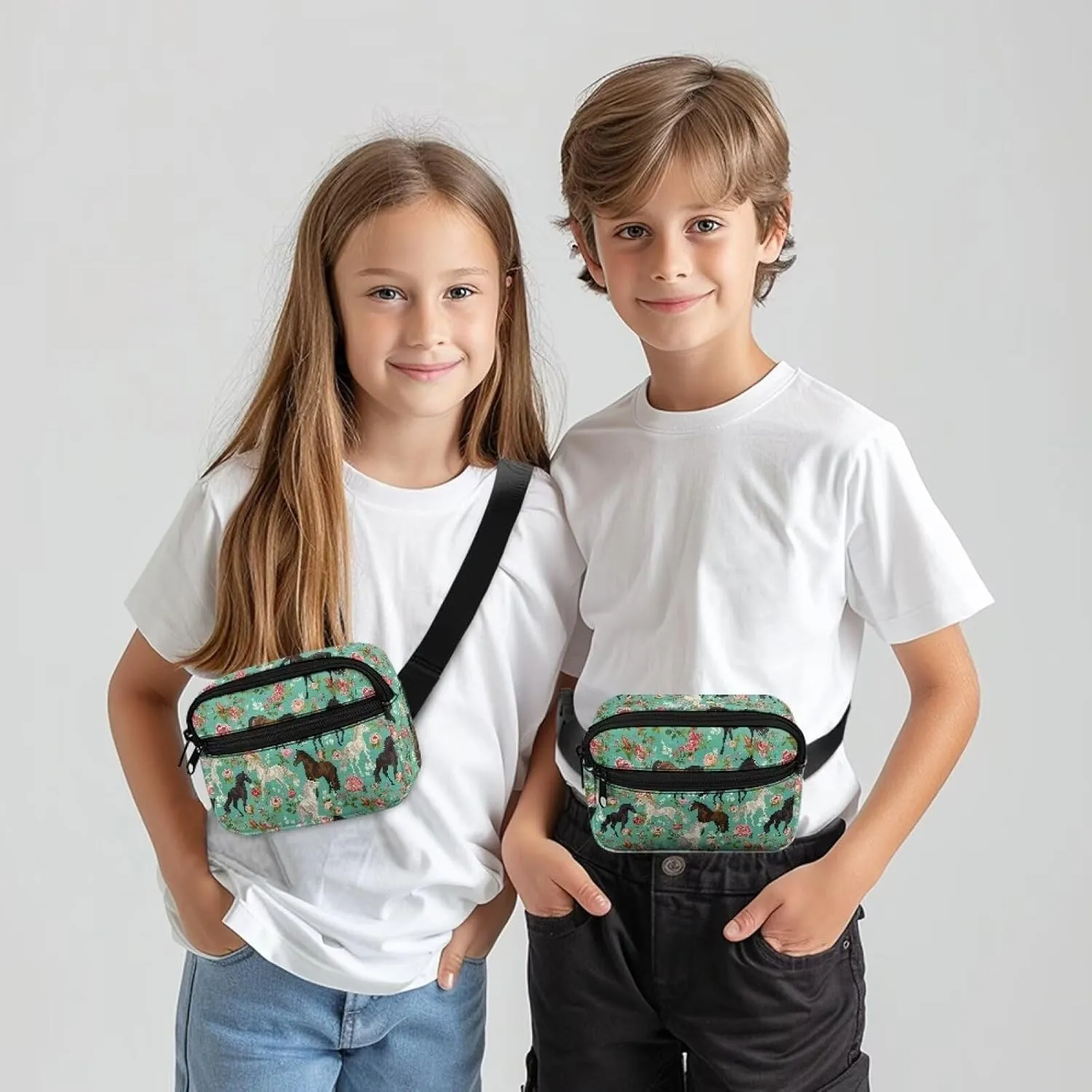 Xpyiqun Horse Crossbody Bag for Gilrs Small Fanny Pack Flower Kids Travel Waist Bag Sling Shoulder Bag Purse Zipper Pocket Wallet Belt Bag Cross Body Phone Holder Chest Bag Casaul Sport Running