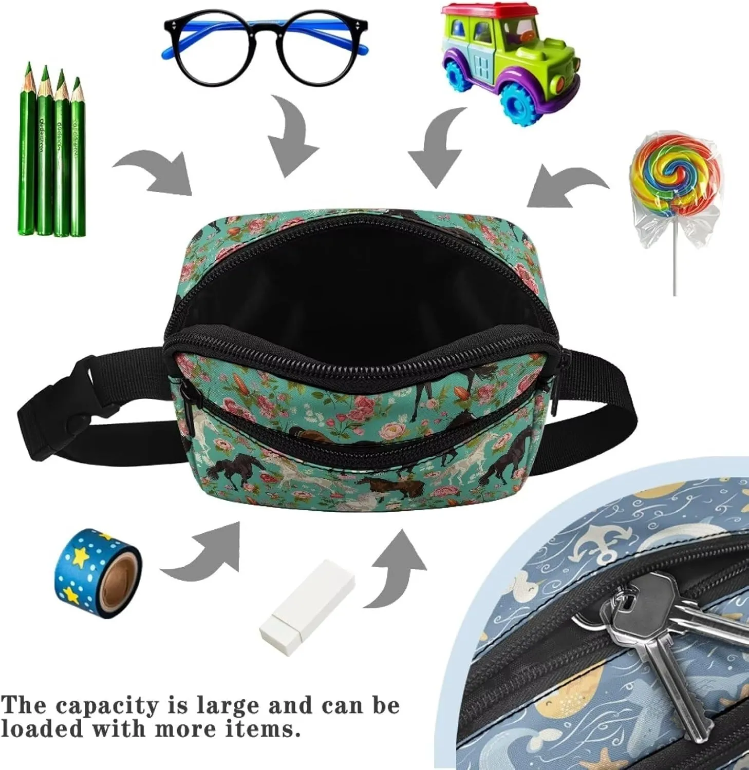 Xpyiqun Horse Crossbody Bag for Gilrs Small Fanny Pack Flower Kids Travel Waist Bag Sling Shoulder Bag Purse Zipper Pocket Wallet Belt Bag Cross Body Phone Holder Chest Bag Casaul Sport Running