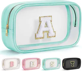 YOOLIFE Initial Clear Makeup Pouch, Clear Makeup Bag Cosmetic Travel Beach Toiletry Bag Travel Essentials Gifts for Women Teen Girlfriend Teacher Mom Birthday Gift for Women Teen Zipper Pouch Blue A